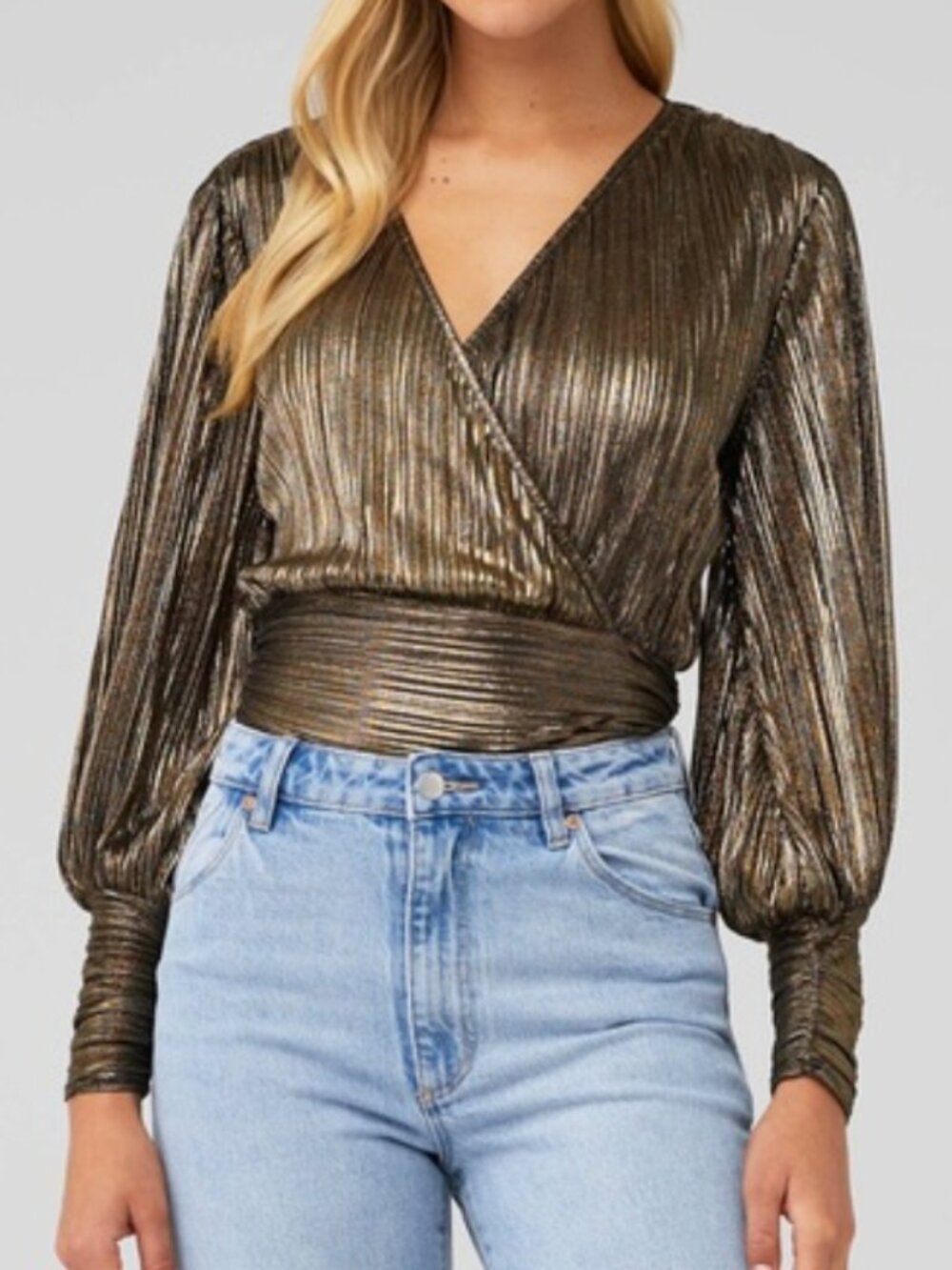 Bardot Metallic Gold Surplice Long Sleeve Blouse - Picture 6 of 6